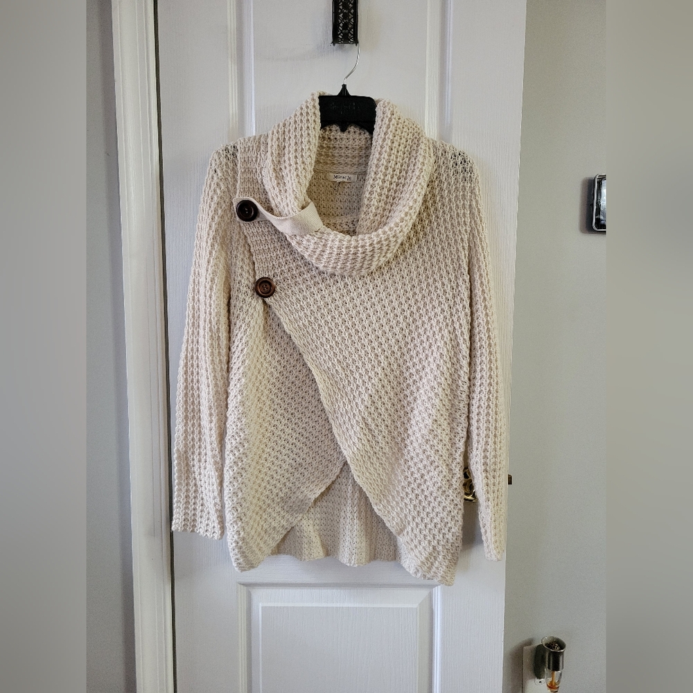 Miracle USA Cream Chunky Knit Wrap Sweater Button Detail Cowl Neck Size S/M